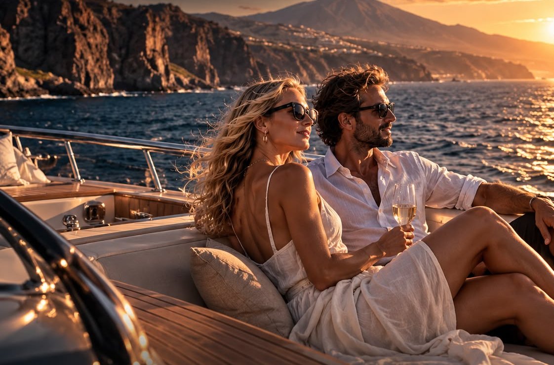 A couple relaxing on a yacht off the Tenerife coast at sunset